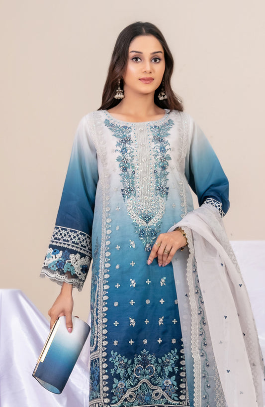 Guzarish by Tawakkal Fabrics Fancy Embroidered Organza Semi-Stitched 3 Piece Suit - D-4442 - TF25GZR - Blue - Festive Collection