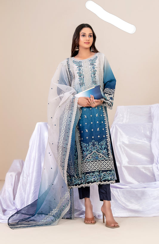 Guzarish by Tawakkal Fabrics Fancy Embroidered Organza Semi-Stitched 3 Piece Suit - D-4442 - TF25GZR - Blue - Festive Collection
