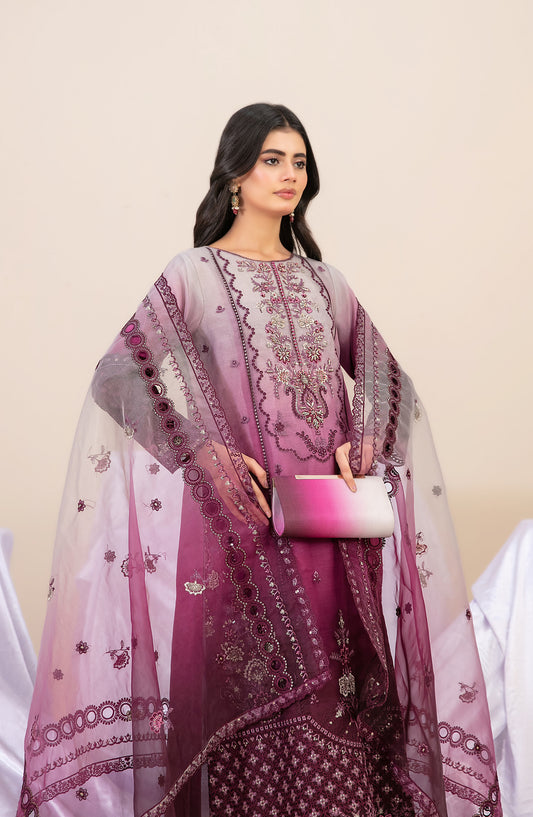 Guzarish by Tawakkal Fabrics Fancy Embroidered Organza Semi-Stitched 3 Piece Suit - D-4441 - TF25GZR - Purple - Festive Collection