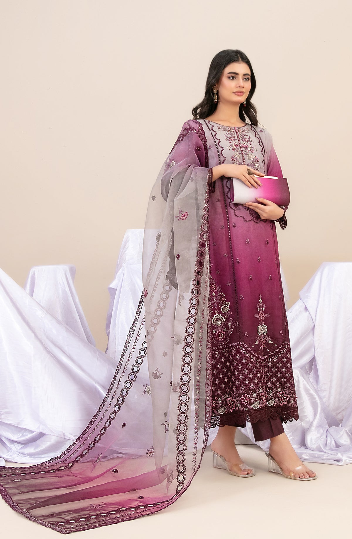 Guzarish by Tawakkal Fabrics Fancy Embroidered Organza Semi-Stitched 3 Piece Suit - D-4441 - TF25GZR - Purple - Festive Collection
