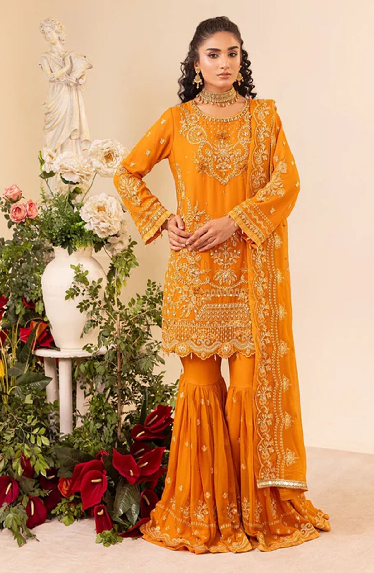Tehzeeb by Diara Couture Embroidered Chiffon Stitched 3 Piece Suit - DC25THZ - HALA - SF-05 - Orange - Festive Collection