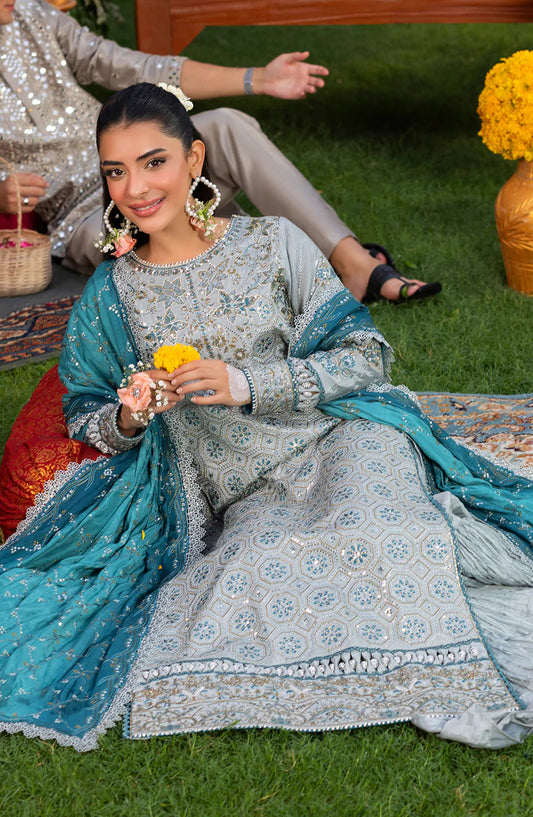 HAYE DIL by Sahane Luxury Formals Embroidered Raw Silk Unstitched 3 Piece Suit - CT 29003 Glow of Eternity - SAH25HYD - Blue - Wedding Collection