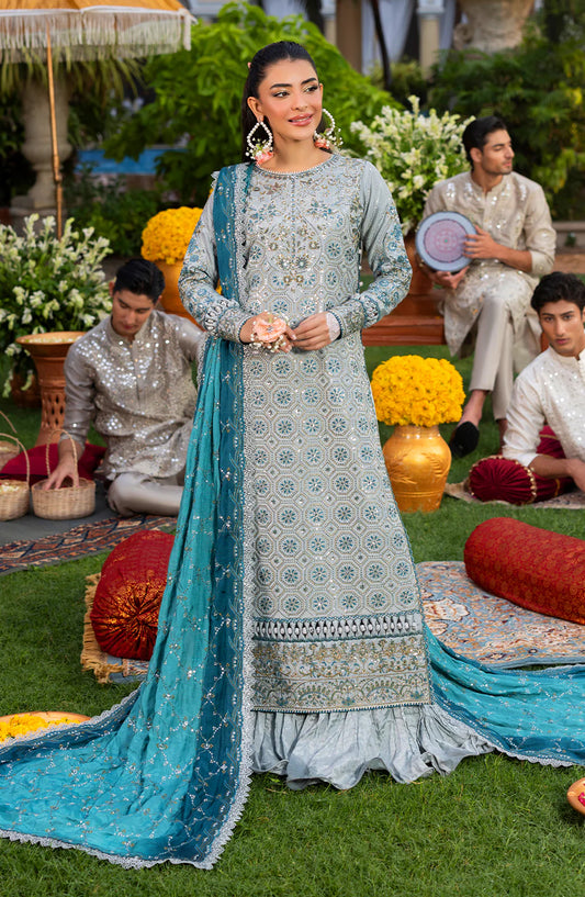 HAYE DIL by Sahane Luxury Formals Embroidered Raw Silk Unstitched 3 Piece Suit - CT 29003 Glow of Eternity - SAH25HYD - Blue - Wedding Collection