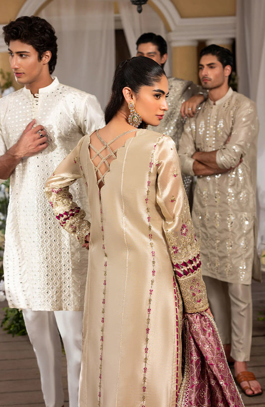 HAYE DIL by Sahane Luxury Formals Embroidered Tissue Unstitched 3 Piece Suit - CT 29005 Gold Love - SAH25HYD - Gold - Wedding Collection