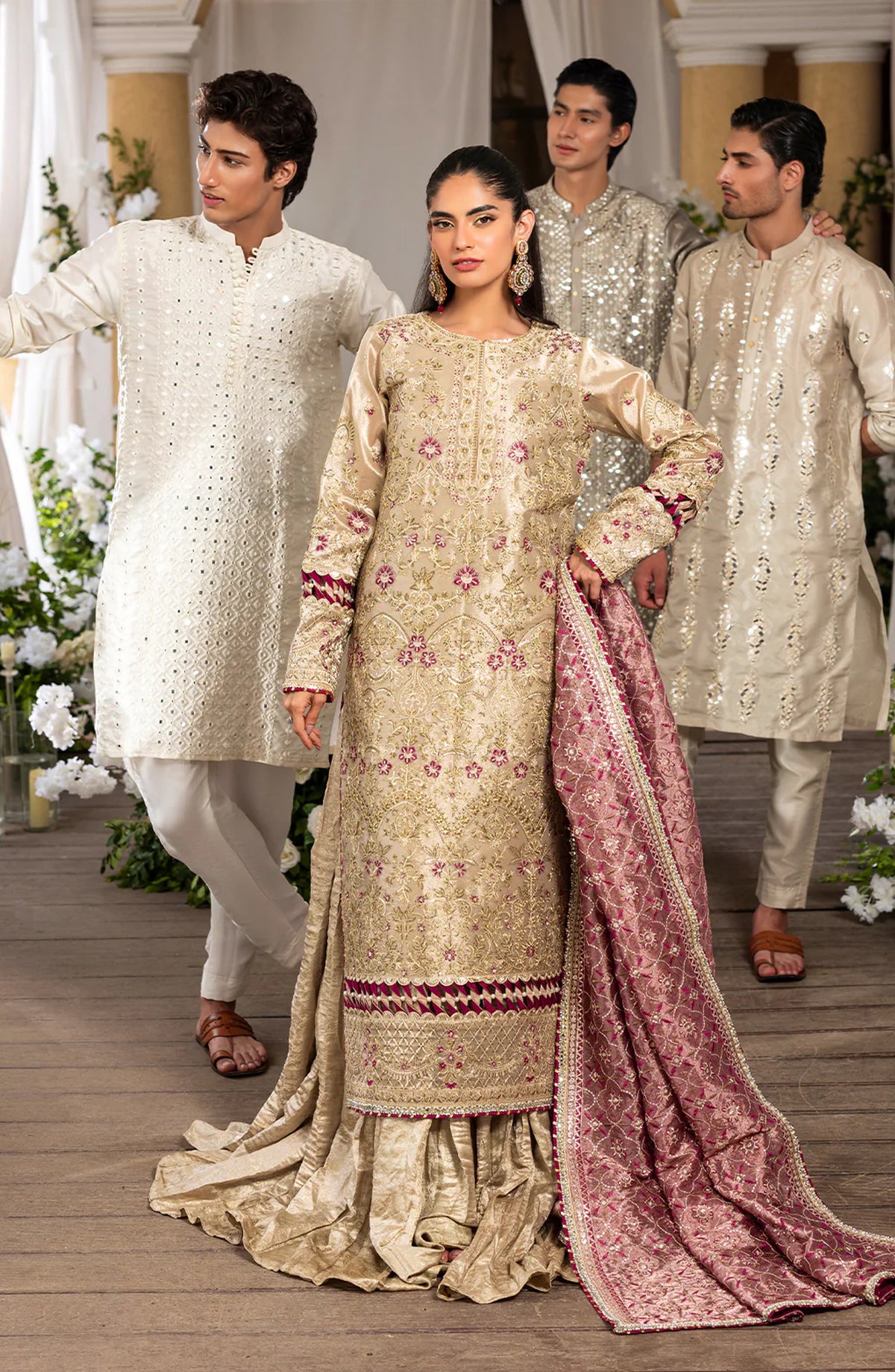 HAYE DIL by Sahane Luxury Formals Embroidered Tissue Unstitched 3 Piece Suit - CT 29005 Gold Love - SAH25HYD - Gold - Wedding Collection