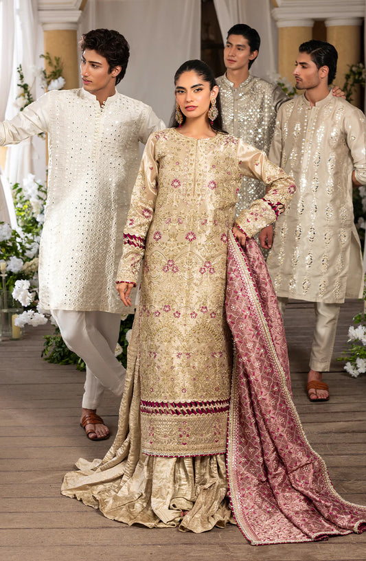 HAYE DIL by Sahane Luxury Formals Embroidered Tissue Unstitched 3 Piece Suit - CT 29005 Gold Love - SAH25HYD - Gold - Wedding Collection