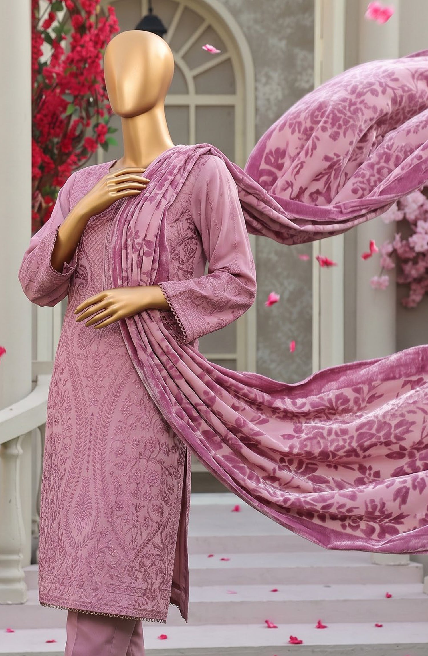 HZ Royal Embroidered Viscose Satin Unstitched 3 Piece Suit - D-01 - HZ26RL - Pink - Winter Collection