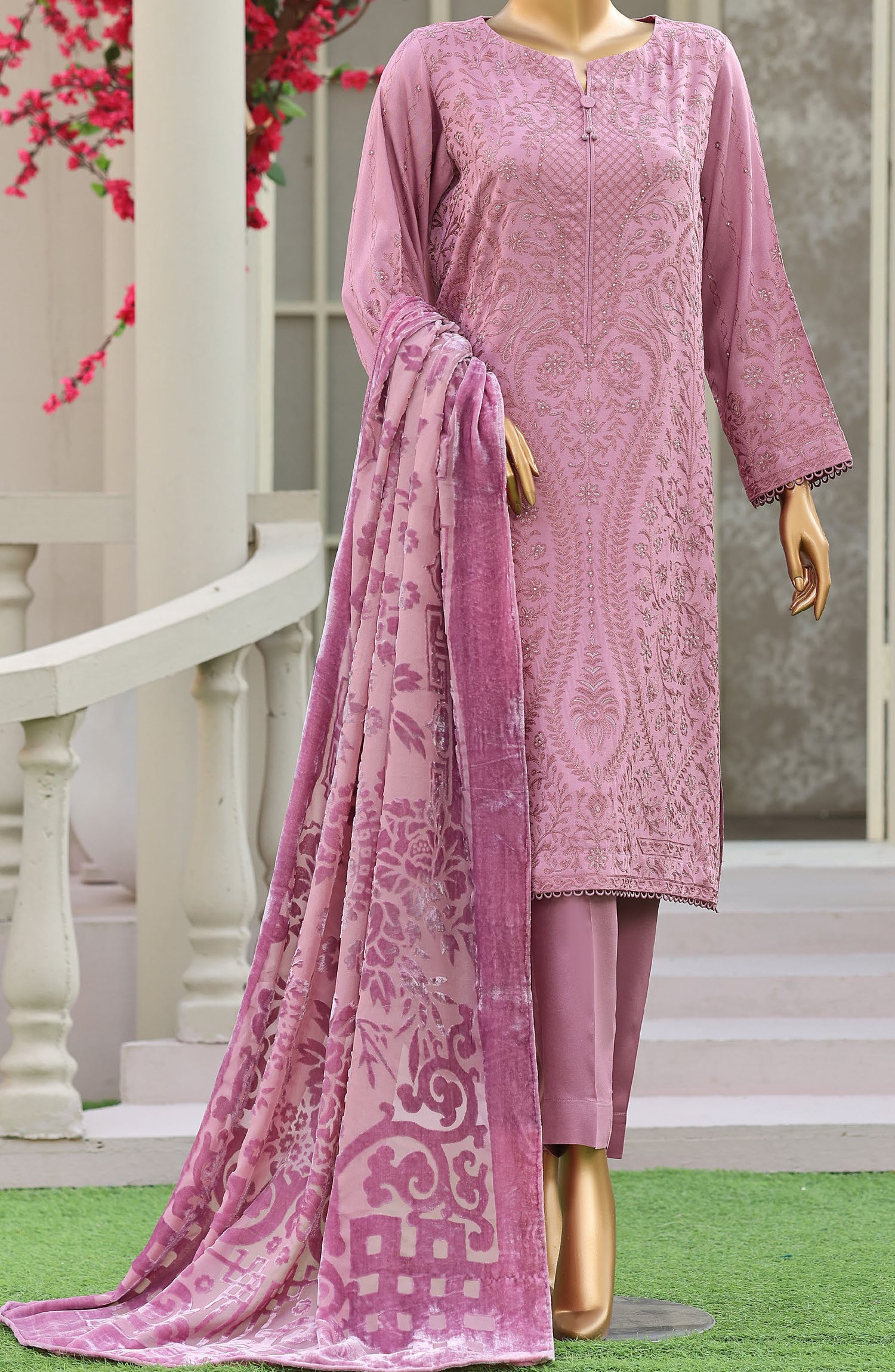 HZ Royal Embroidered Viscose Satin Unstitched 3 Piece Suit - D-01 - HZ26RL - Pink - Winter Collection
