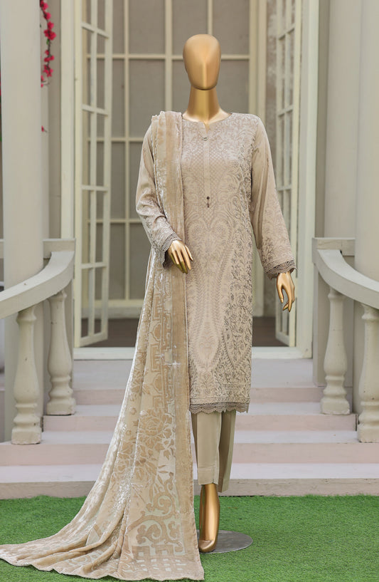 HZ Royal Embroidered Viscose Satin Unstitched 3 Piece Suit - D-02 - HZ26RL - Fawn - Winter Collection