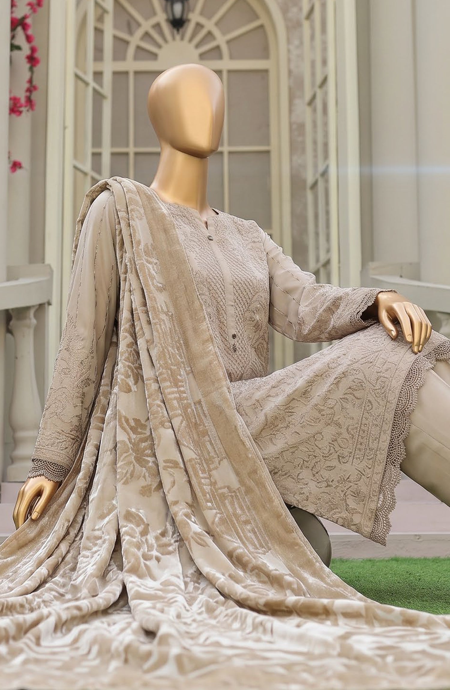 HZ Royal Embroidered Viscose Satin Unstitched 3 Piece Suit - D-02 - HZ26RL - Fawn - Winter Collection