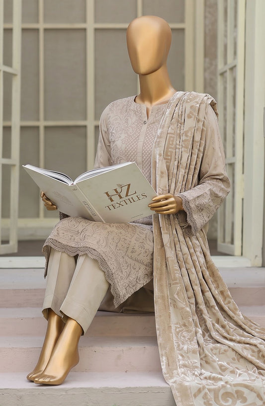 HZ Royal Embroidered Viscose Satin Unstitched 3 Piece Suit - D-02 - HZ26RL - Fawn - Winter Collection