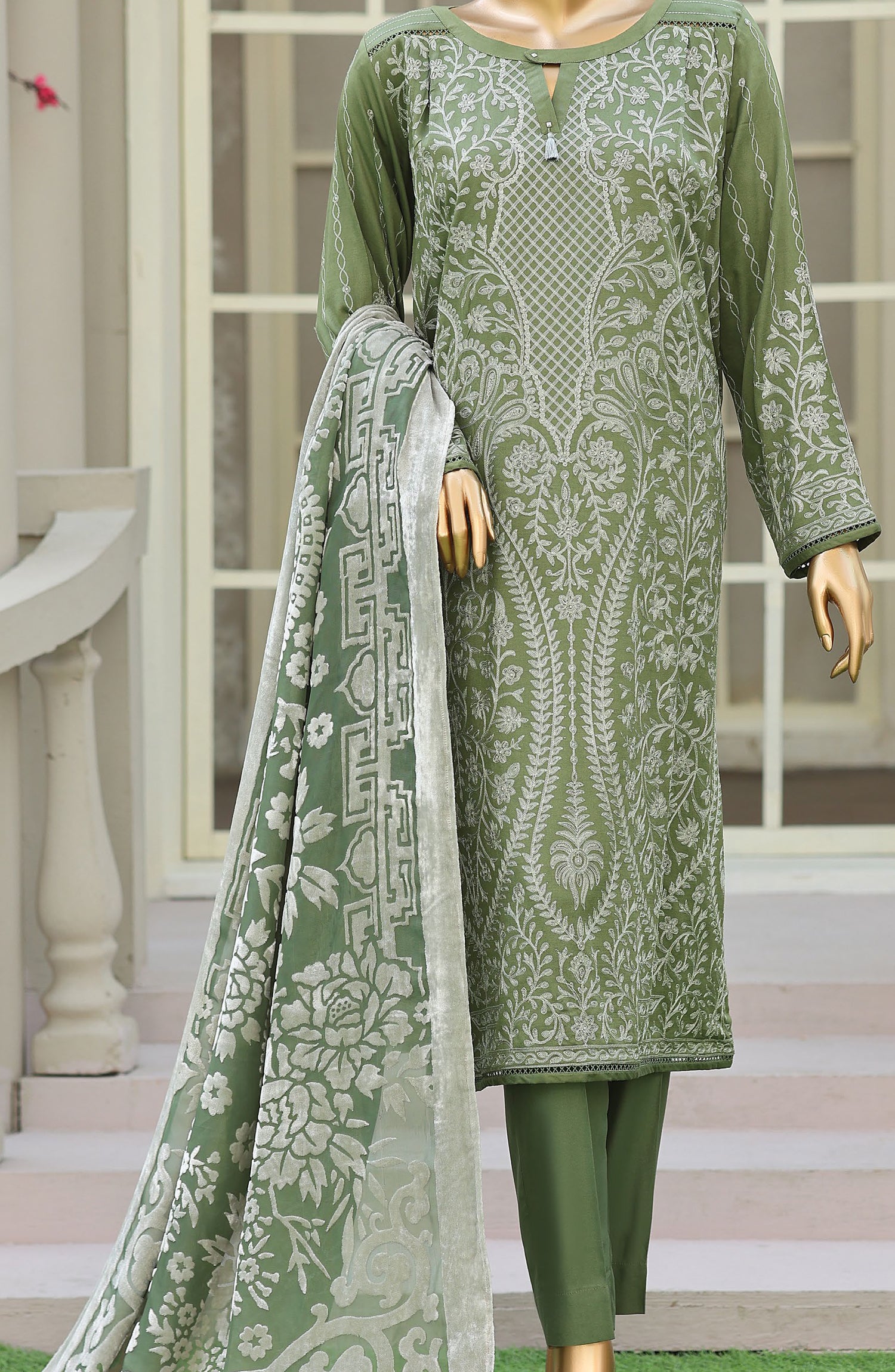 HZ Royal Embroidered Viscose Satin Unstitched 3 Piece Suit - D-03 - HZ26RL - Green - Winter Collection