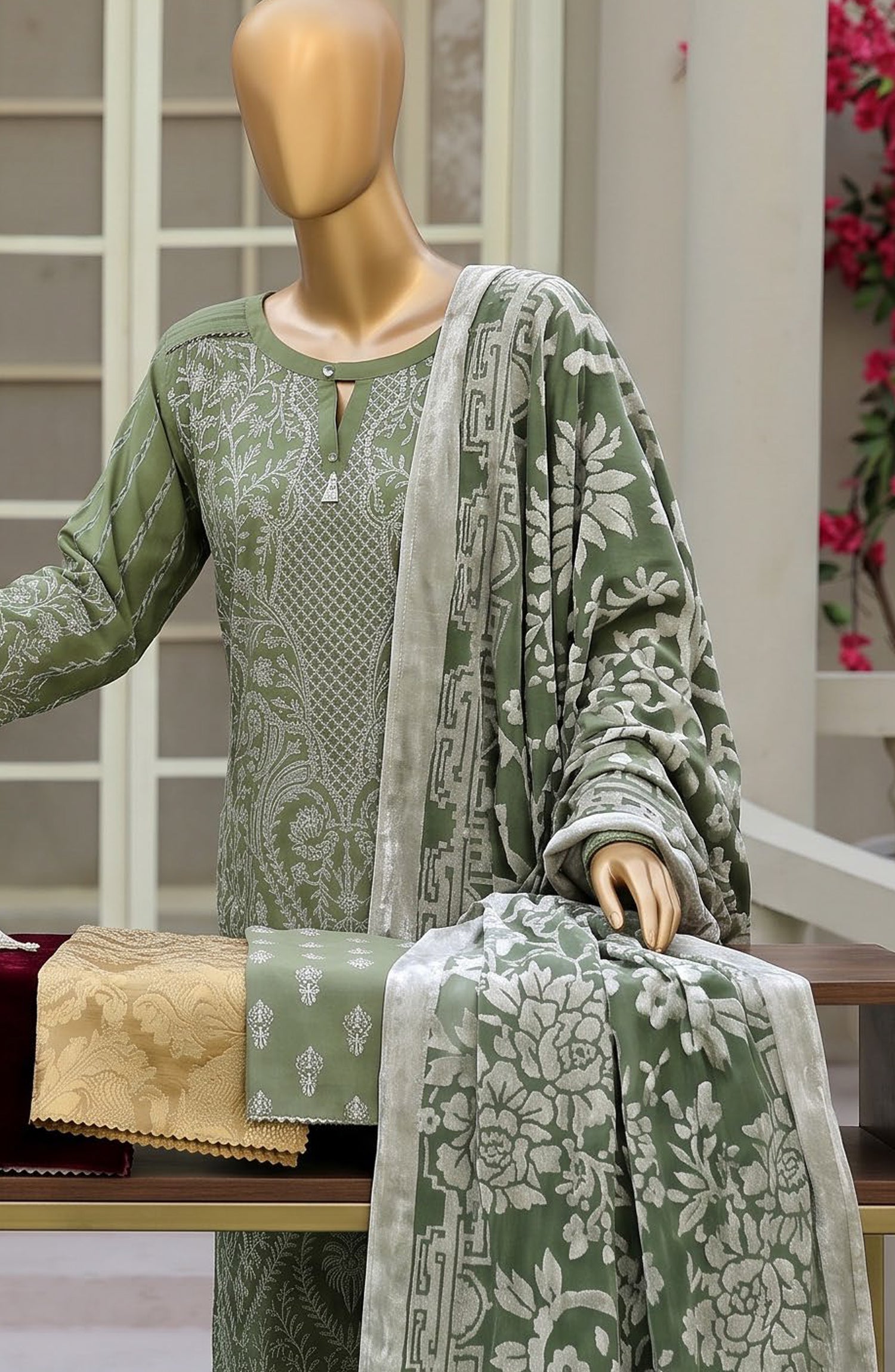 HZ Royal Embroidered Viscose Satin Unstitched 3 Piece Suit - D-03 - HZ26RL - Green - Winter Collection