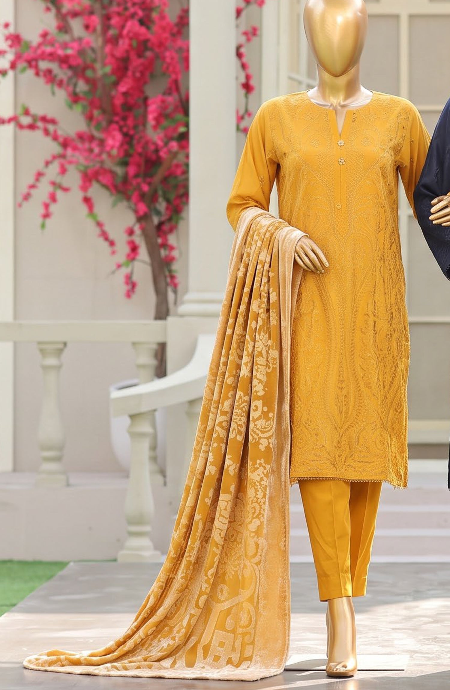 HZ Royal Embroidered Viscose Satin Unstitched 3 Piece Suit - D-04 - HZ26RL - Yellow - Winter Collection