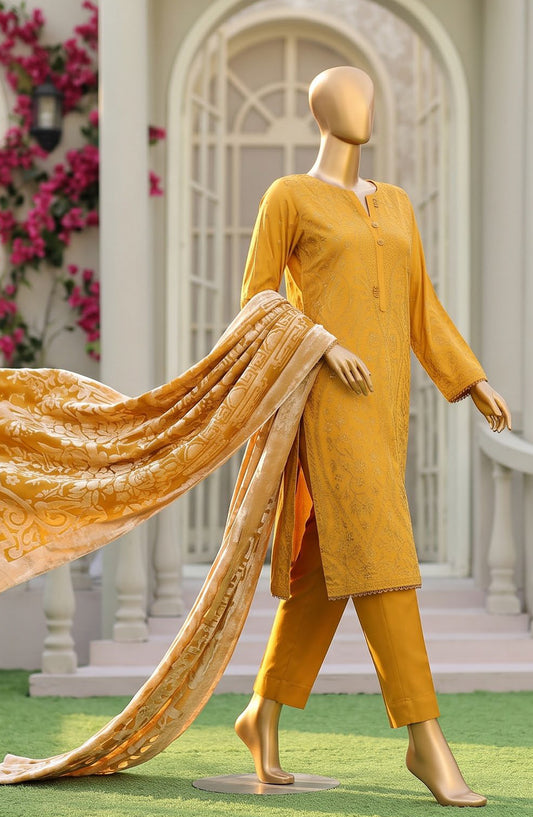 HZ Royal Embroidered Viscose Satin Unstitched 3 Piece Suit - D-04 - HZ26RL - Yellow - Winter Collection