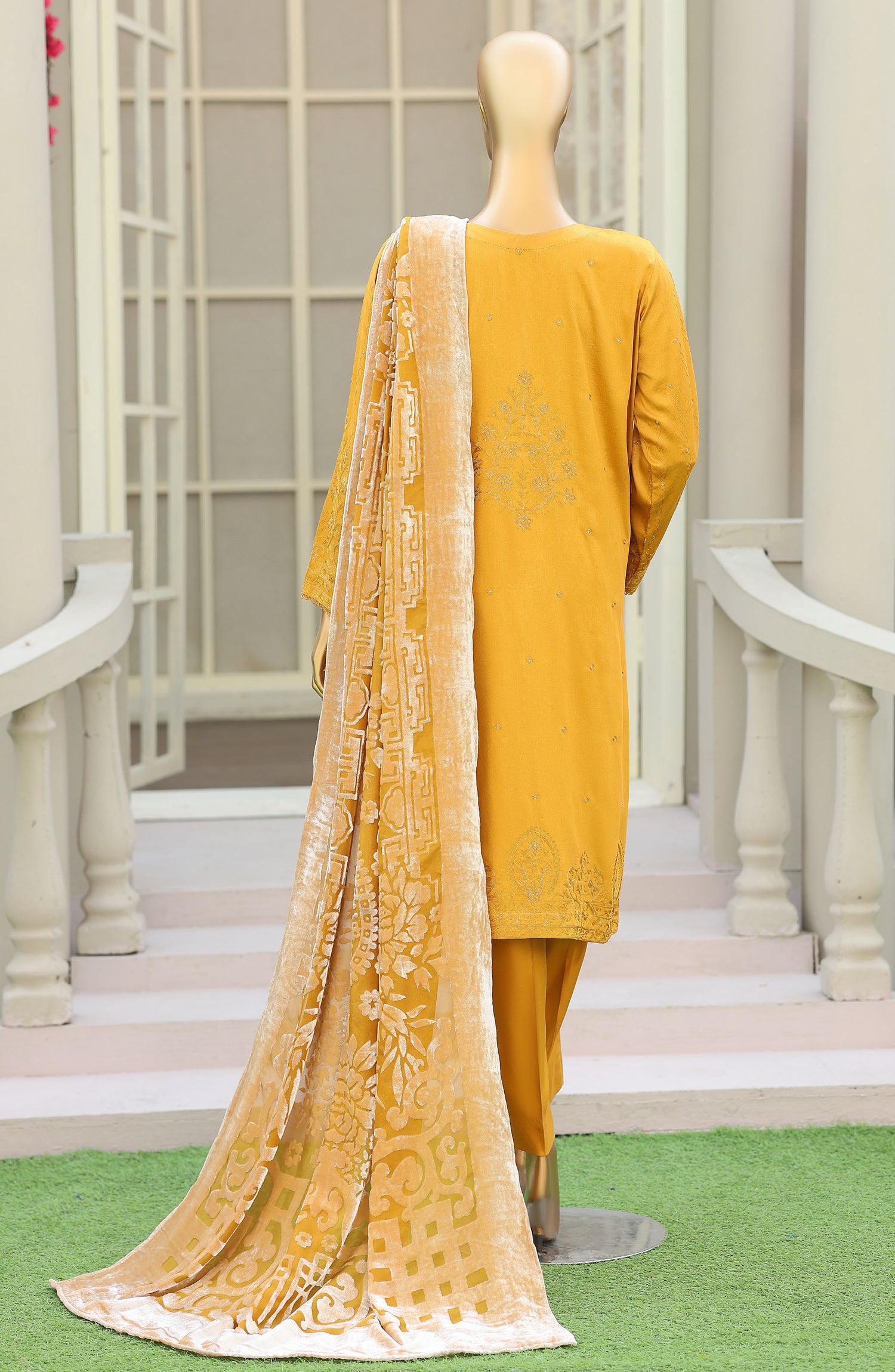 HZ Royal Embroidered Viscose Satin Unstitched 3 Piece Suit - D-04 - HZ26RL - Yellow - Winter Collection
