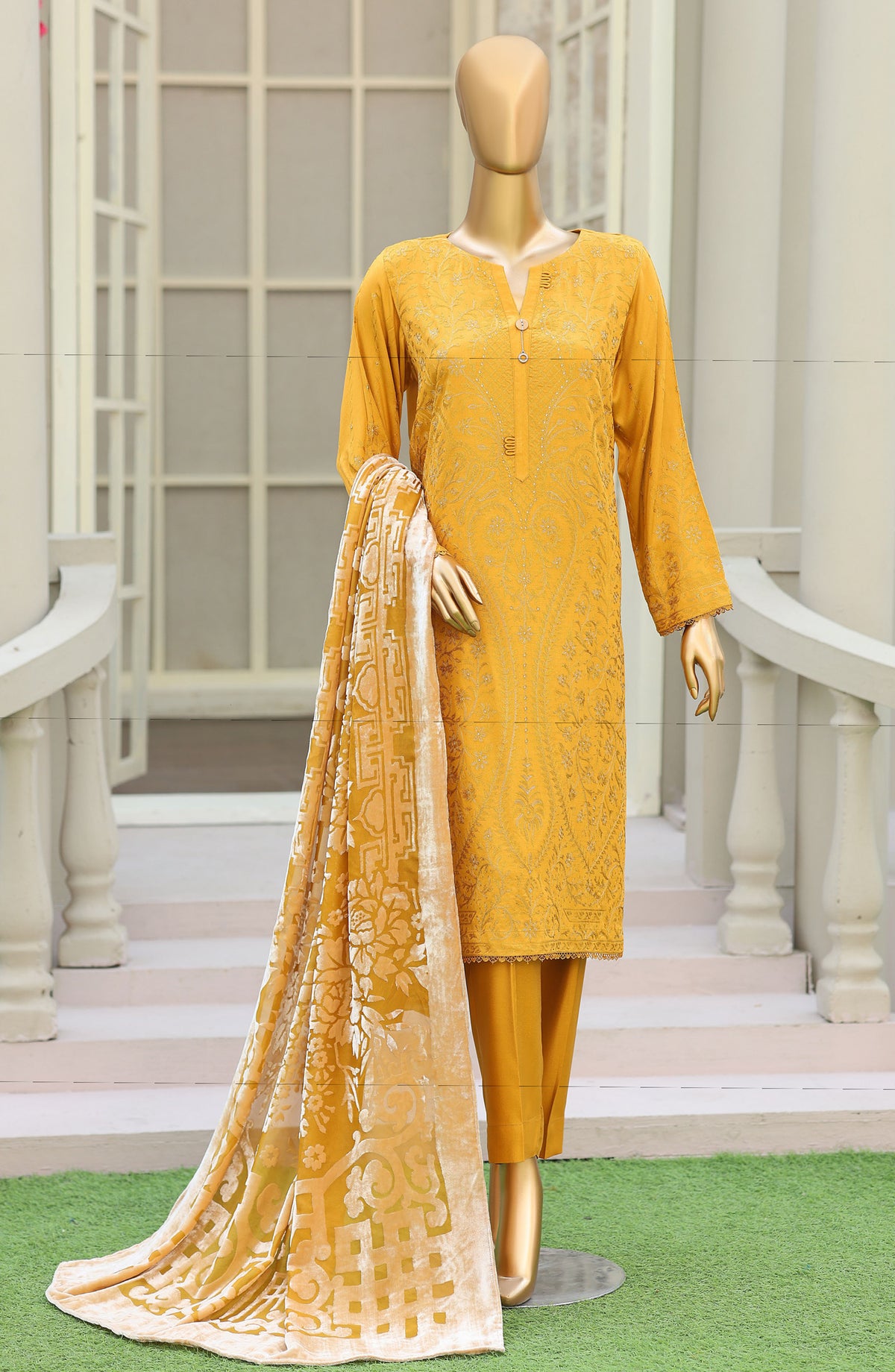 HZ Royal Embroidered Viscose Satin Unstitched 3 Piece Suit - D-04 - HZ26RL - Yellow - Winter Collection