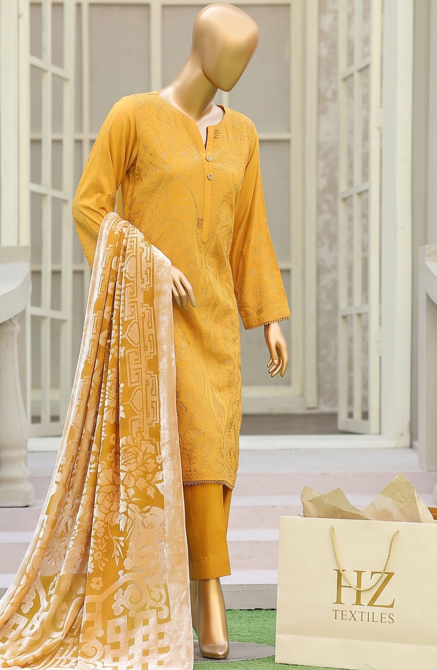 HZ Royal Embroidered Viscose Satin Unstitched 3 Piece Suit - D-04 - HZ26RL - Yellow - Winter Collection