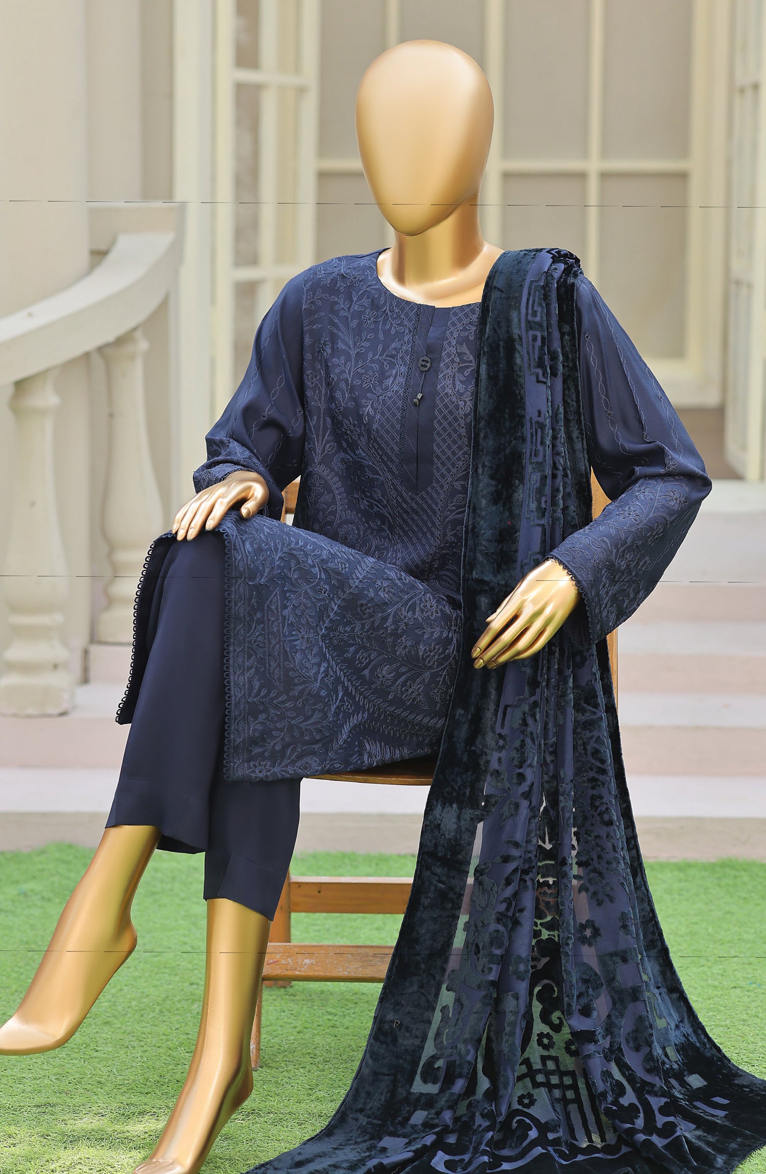 HZ Royal Embroidered Viscose Satin Unstitched 3 Piece Suit - D-05 - HZ26RL - Blue - Winter Collection