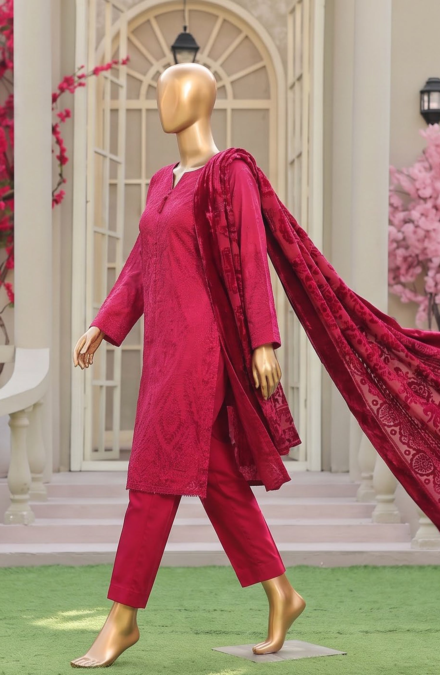 HZ Royal Embroidered Viscose Satin Unstitched 3 Piece Suit - D-06 - HZ26RL - Pink - Winter Collection