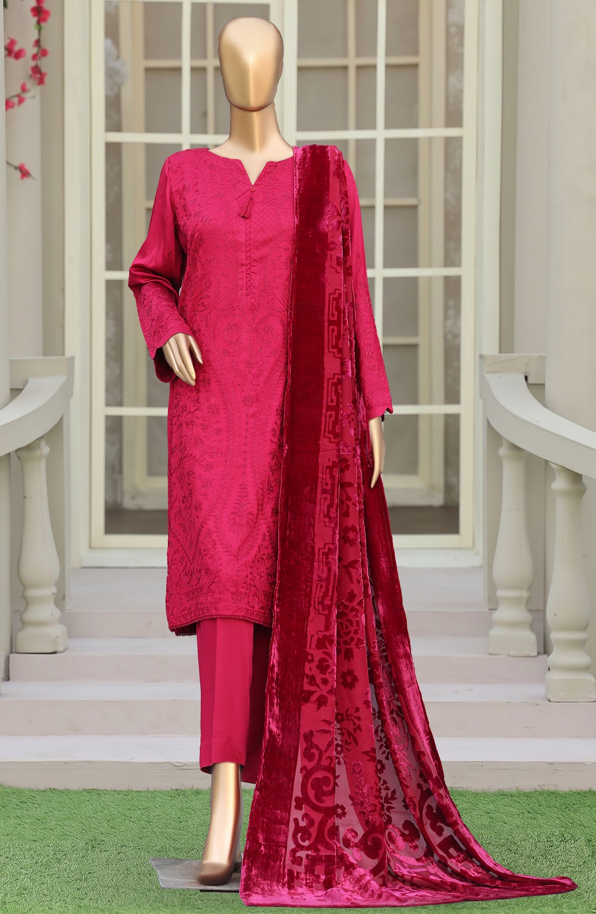 HZ Royal Embroidered Viscose Satin Unstitched 3 Piece Suit - D-06 - HZ26RL - Pink - Winter Collection