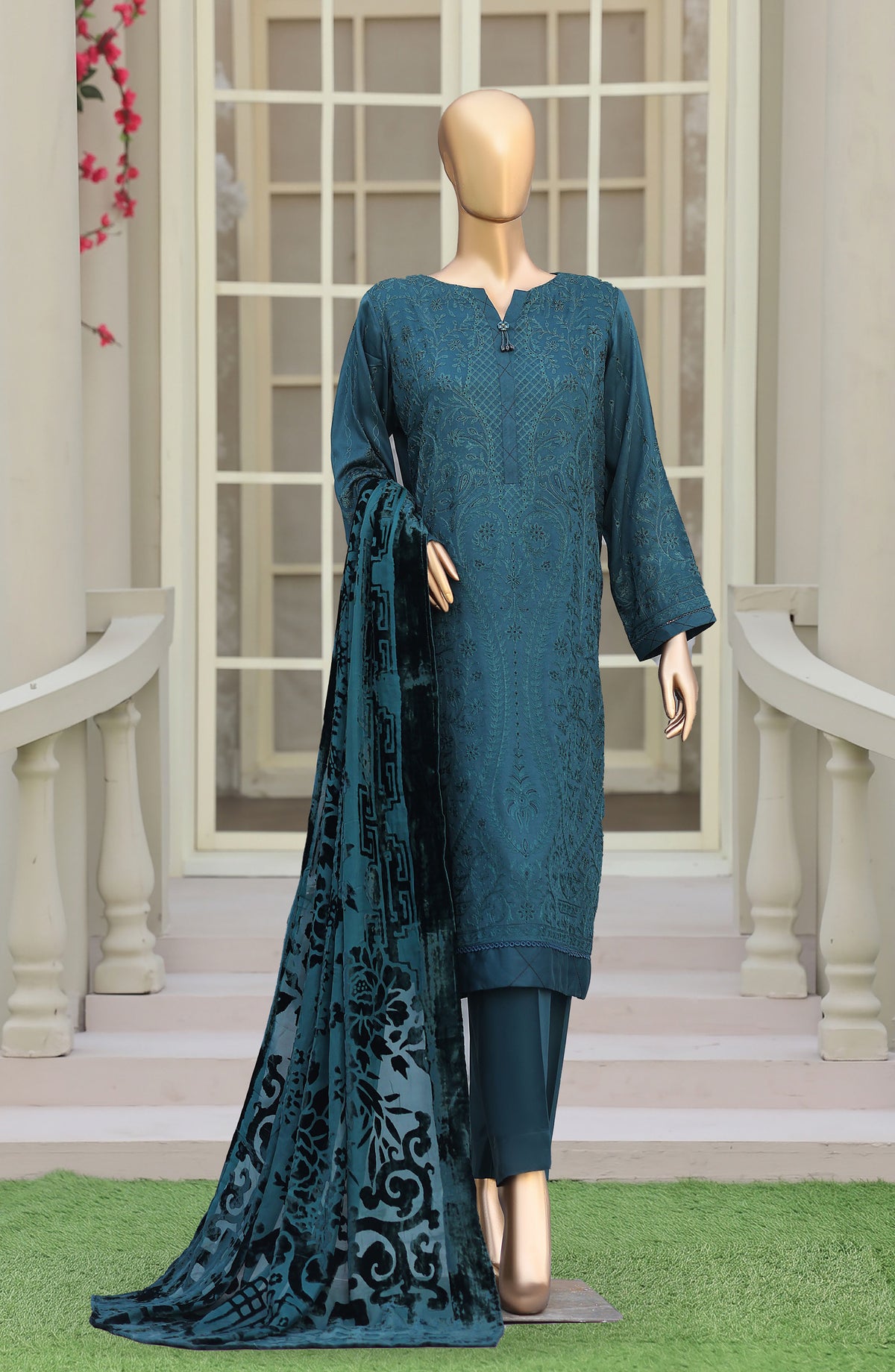 HZ Royal Embroidered Viscose Satin Unstitched 3 Piece Suit - D-07 - HZ26RL - Green - Winter Collection
