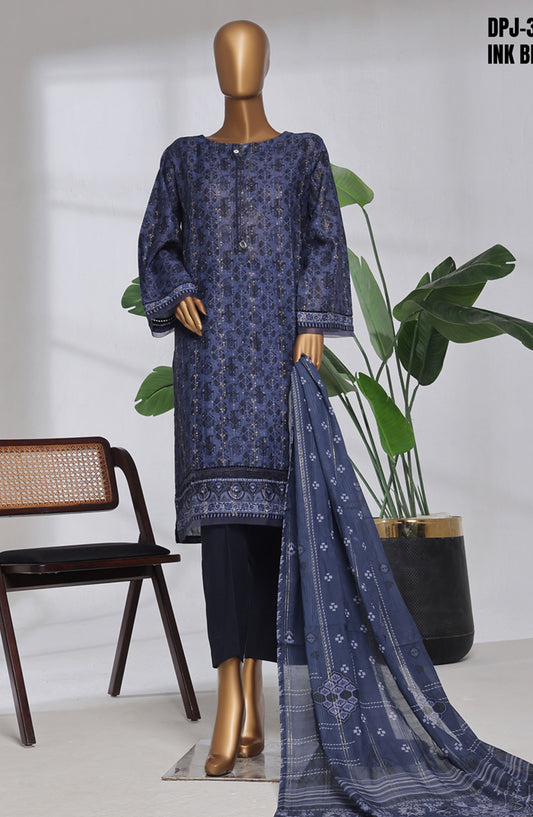 Damask Prints by HZ Textile Digital Printed Lawn Jacquard Pret 3 Piece Suit - HZ25DMP - DPJ-3P-035 - Ink Blue - Lawn Collection