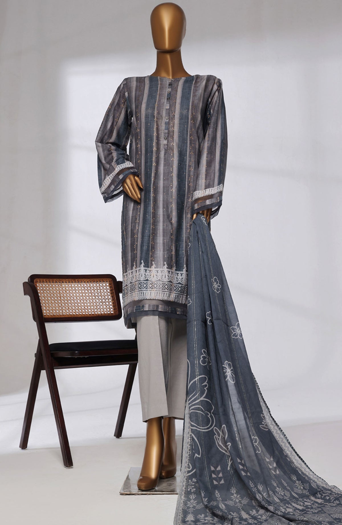 Damask Prints by HZ Textile Digital Printed Lawn Jacquard Pret 3 Piece Suit - HZ25DMP - DPJ-3P-038 - Shaded Stripes - Lawn Collection