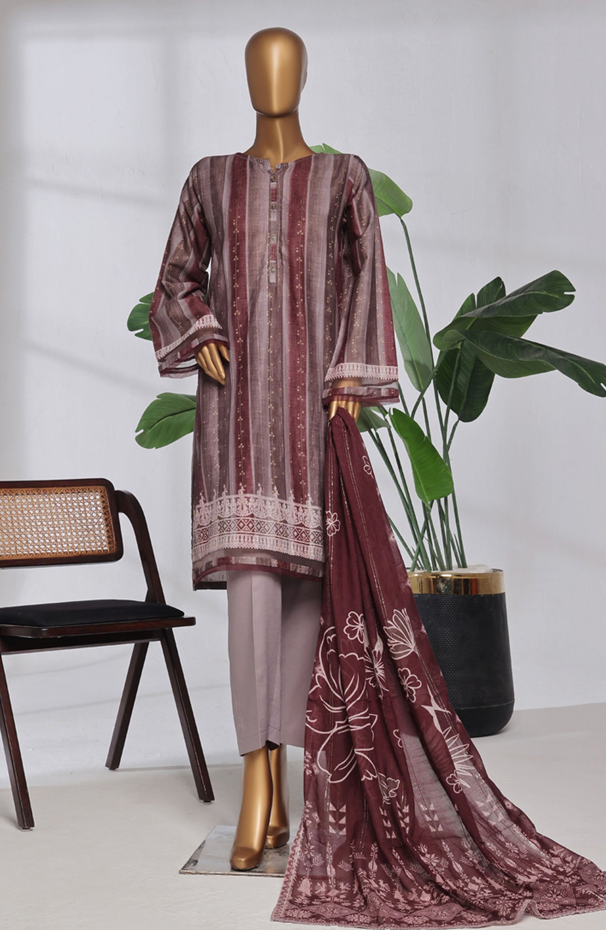 Damask Prints by HZ Textile Digital Printed Lawn Jacquard Pret 3 Piece Suit - HZ25DMP - DPJ-3P-039 - Ruby Rouge - Lawn Collection