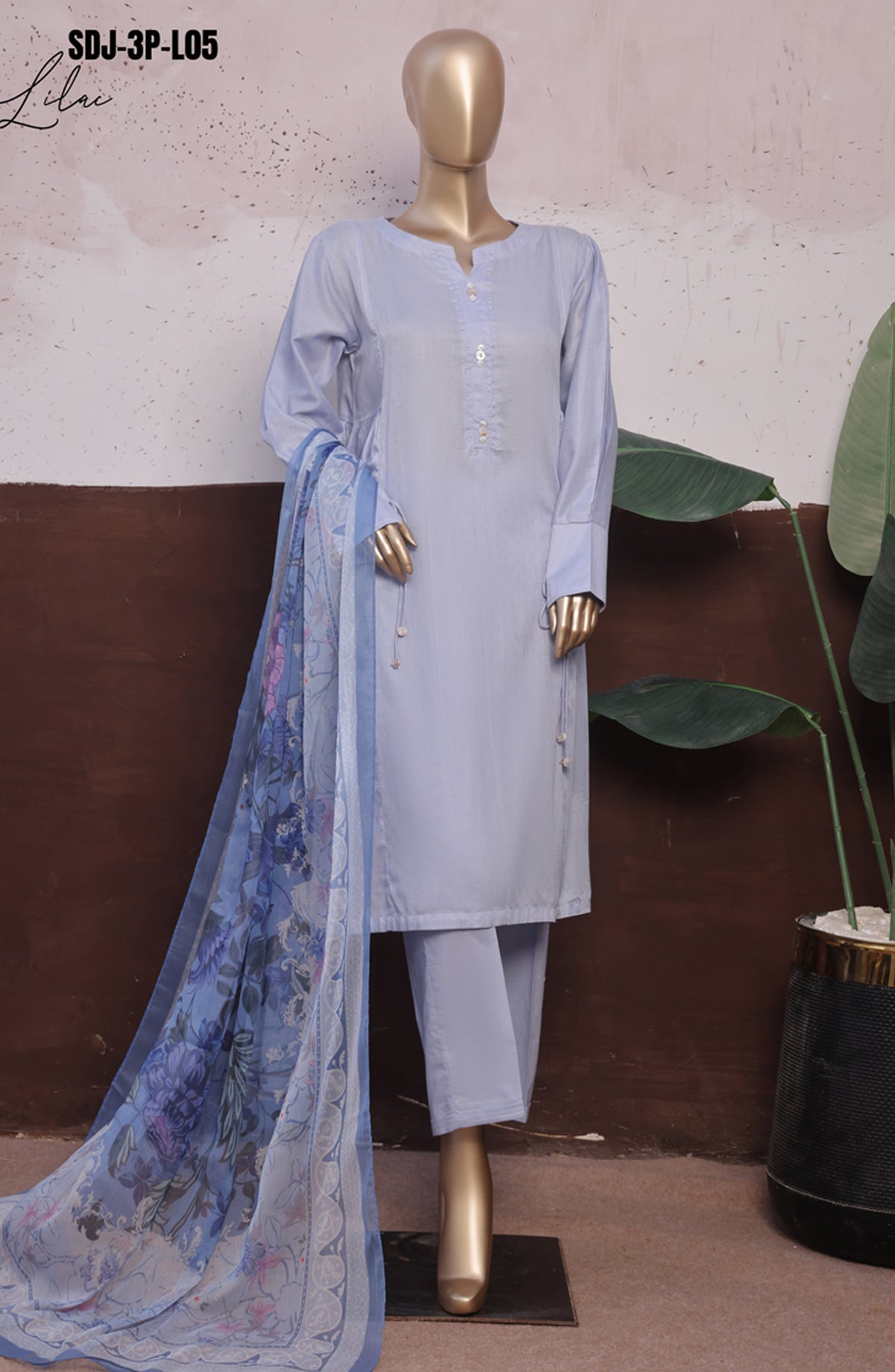 HZ Daily Drop Solids Twinset Printed Dobby Lawn Stitched 3 Piece Suit - SDJ-3P-L05 - HZ25DLD - Light Blue - Casual Collection