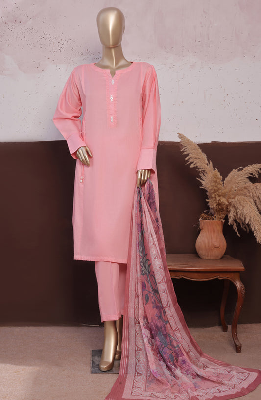 HZ Daily Drop Solids Twinset Printed Dobby Lawn Stitched 3 Piece Suit - SDJ-3P-S05 - HZ25DLD - Light Pink - Casual Collection