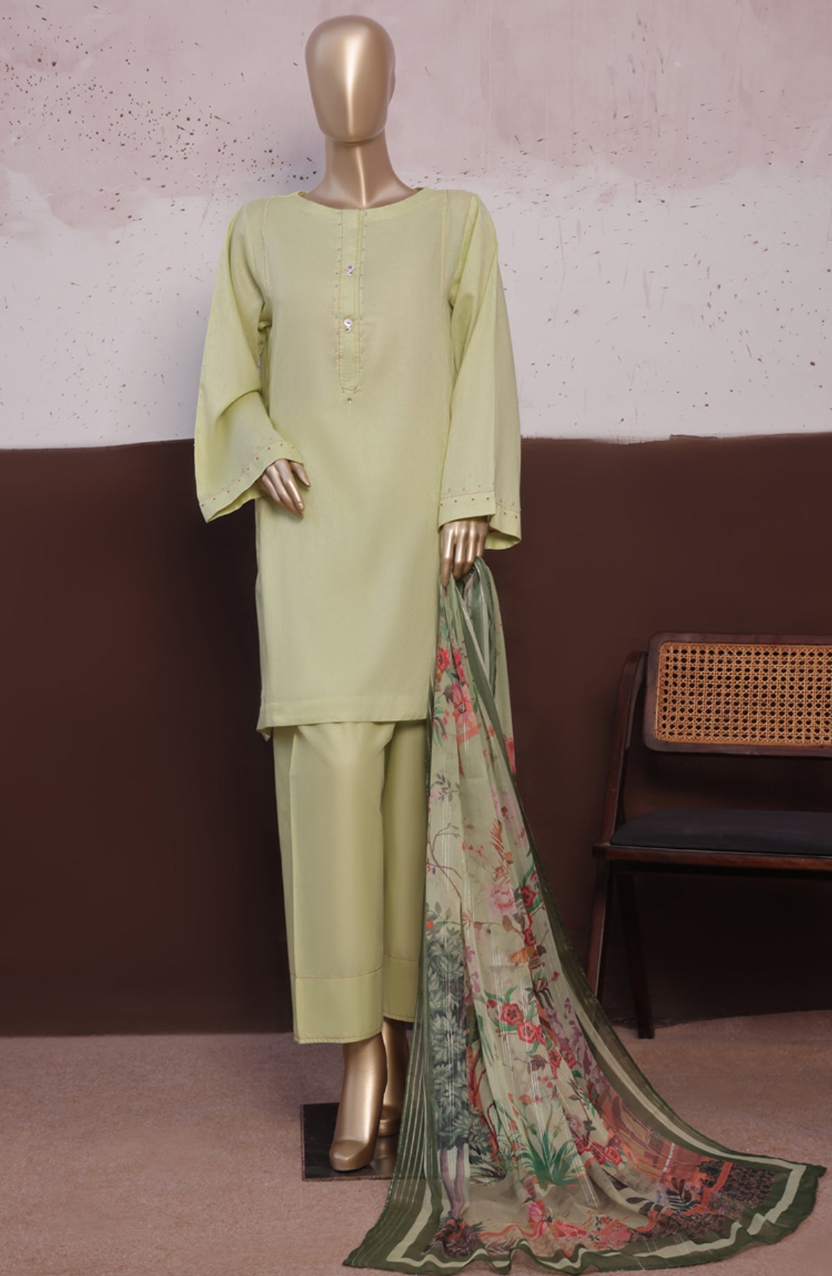 HZ Daily Drop Solids Twinset Printed Dobby Lawn Stitched 3 Piece Suit - SDJ-3P-L03 - HZ25DLD - Green - Casual Collection