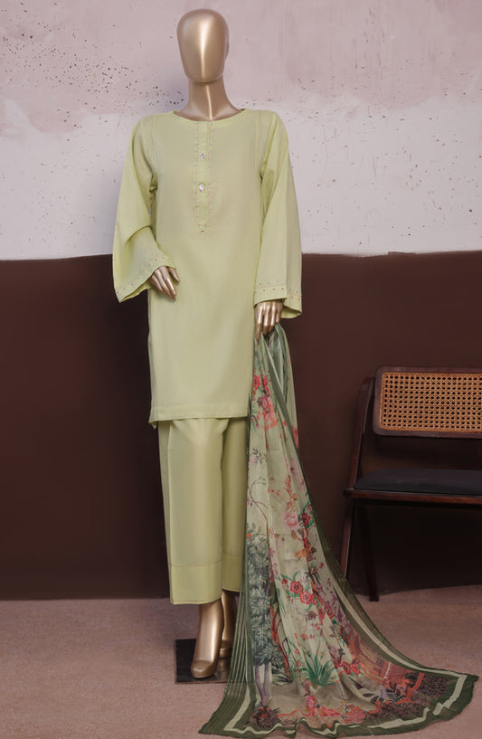 HZ Daily Drop Solids Twinset Printed Dobby Lawn Stitched 3 Piece Suit - SDJ-3P-L03 - HZ25DLD - Green - Casual Collection