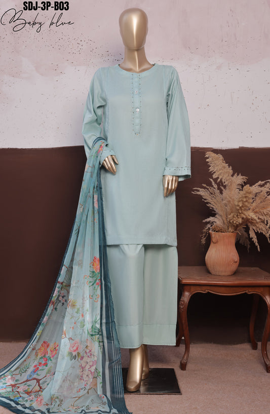 HZ Daily Drop Solids Twinset Printed Dobby Lawn Stitched 3 Piece Suit - SDJ-3P-B03 - HZ25DLD - Blue - Casual Collection