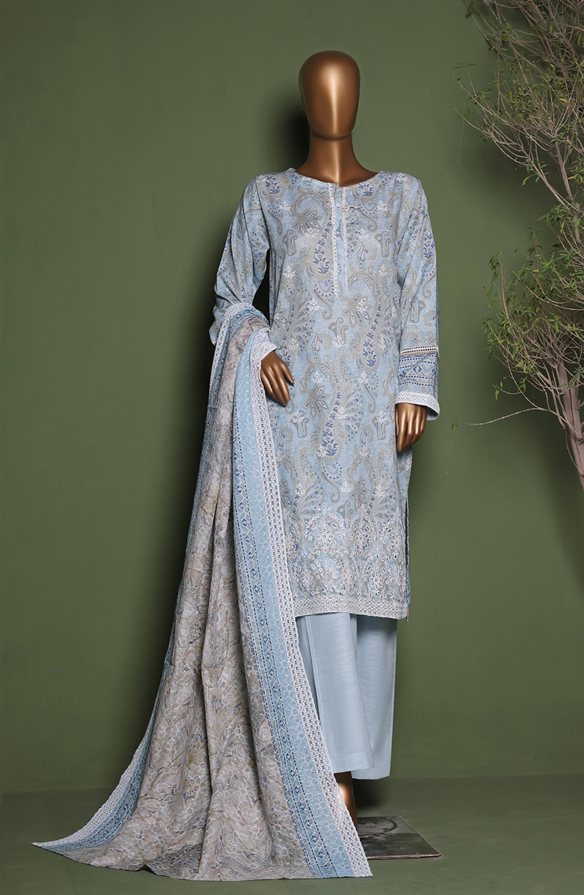 HZ Printkari Embroidered Khaddar Stitched 3 Piece Suit - KPS-3P-2545 Paisley Blue - HZ25KHP - Blue - Winter Collection