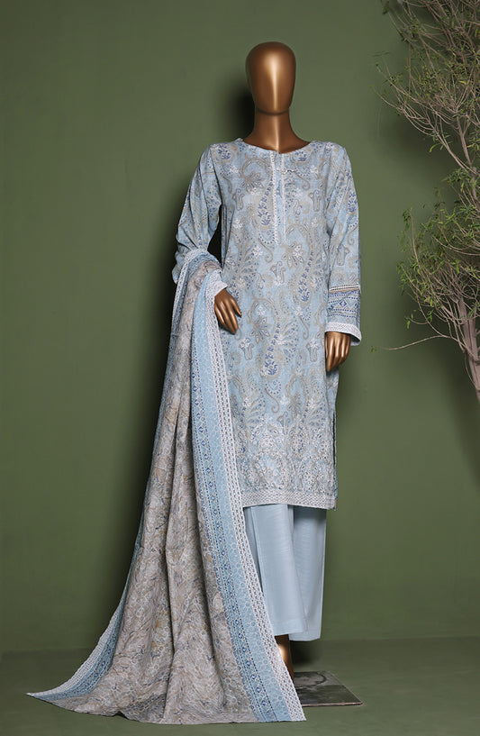 HZ Printkari Embroidered Khaddar Stitched 3 Piece Suit - KPS-3P-2545 Paisley Blue - HZ25KHP - Blue - Winter Collection