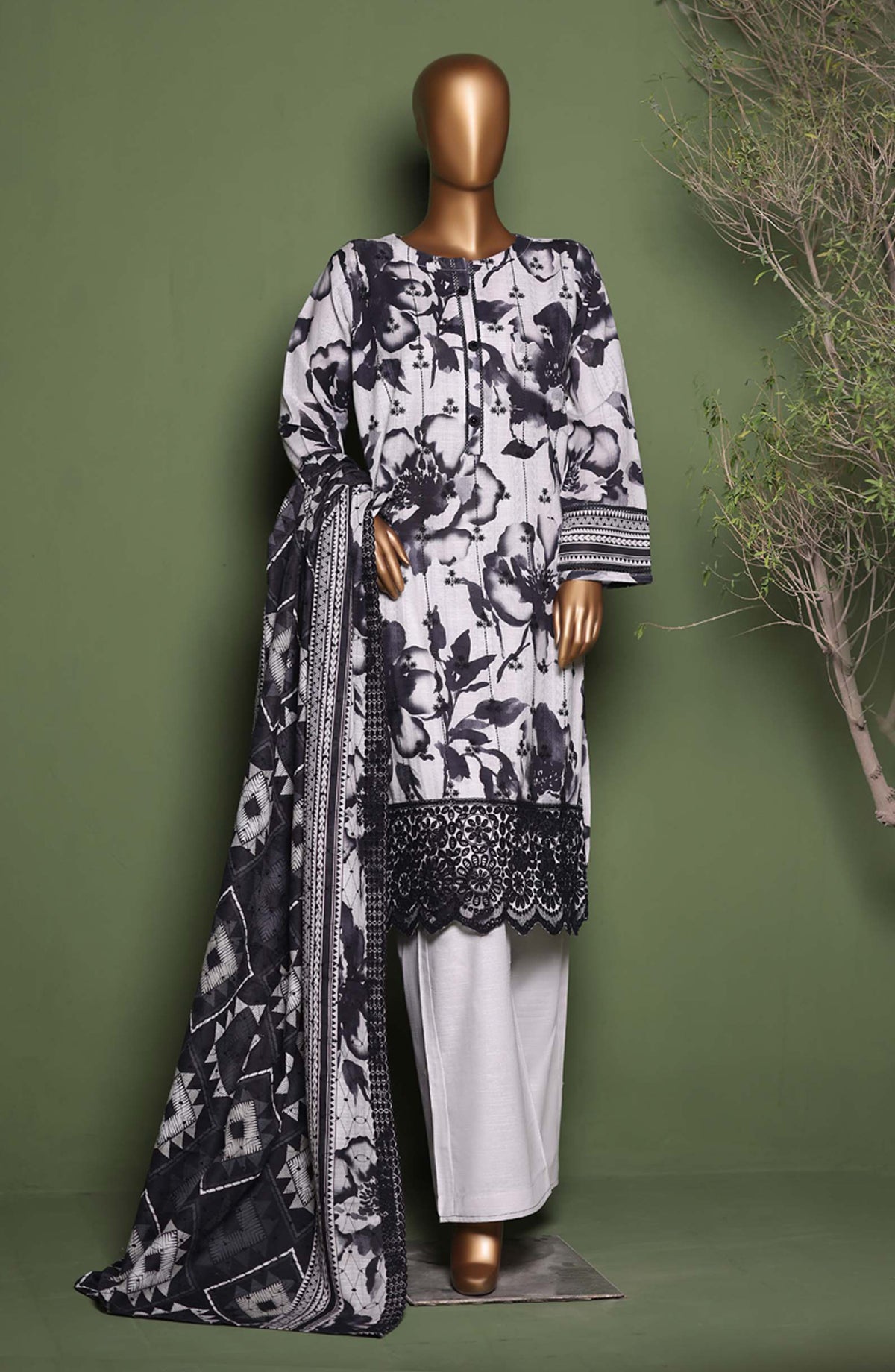 HZ Printkari Embroidered Khaddar Stitched 3 Piece Suit - KPS-3P-2544 Slate Grey - HZ25KHP - Grey - Winter Collection