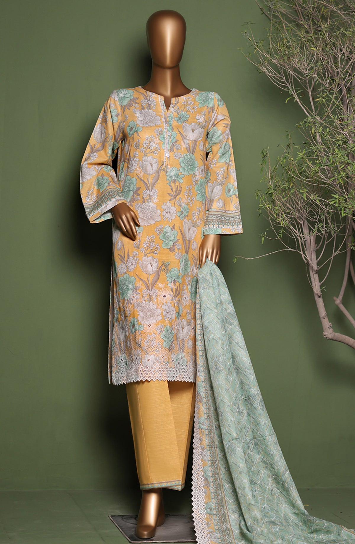 HZ Printkari Embroidered Khaddar Stitched 3 Piece Suit - KPS-3P-2547 Yellow Green - HZ25KHP - Yellow - Winter Collection