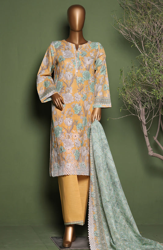 HZ Printkari Embroidered Khaddar Stitched 3 Piece Suit - KPS-3P-2547 Yellow Green - HZ25KHP - Yellow - Winter Collection