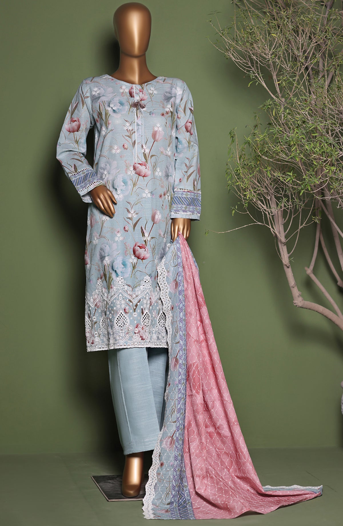 HZ Printkari Embroidered Khaddar Stitched 3 Piece Suit - KPS-3P-2542 Ocean Blue - HZ25KHP - Blue - Winter Collection