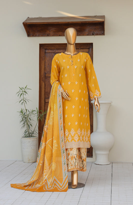 HZ Oriental Embroidered Cotton Lawn Unstitched 3 Piece Suit - D-03 - HZ26ORT - Mustard - Summer Collection