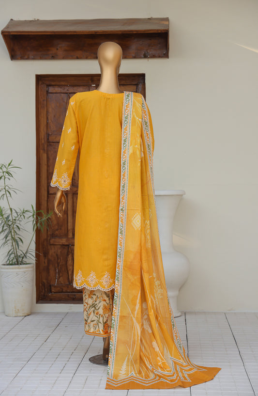 HZ Oriental Embroidered Cotton Lawn Unstitched 3 Piece Suit - D-03 - HZ26ORT - Mustard - Summer Collection