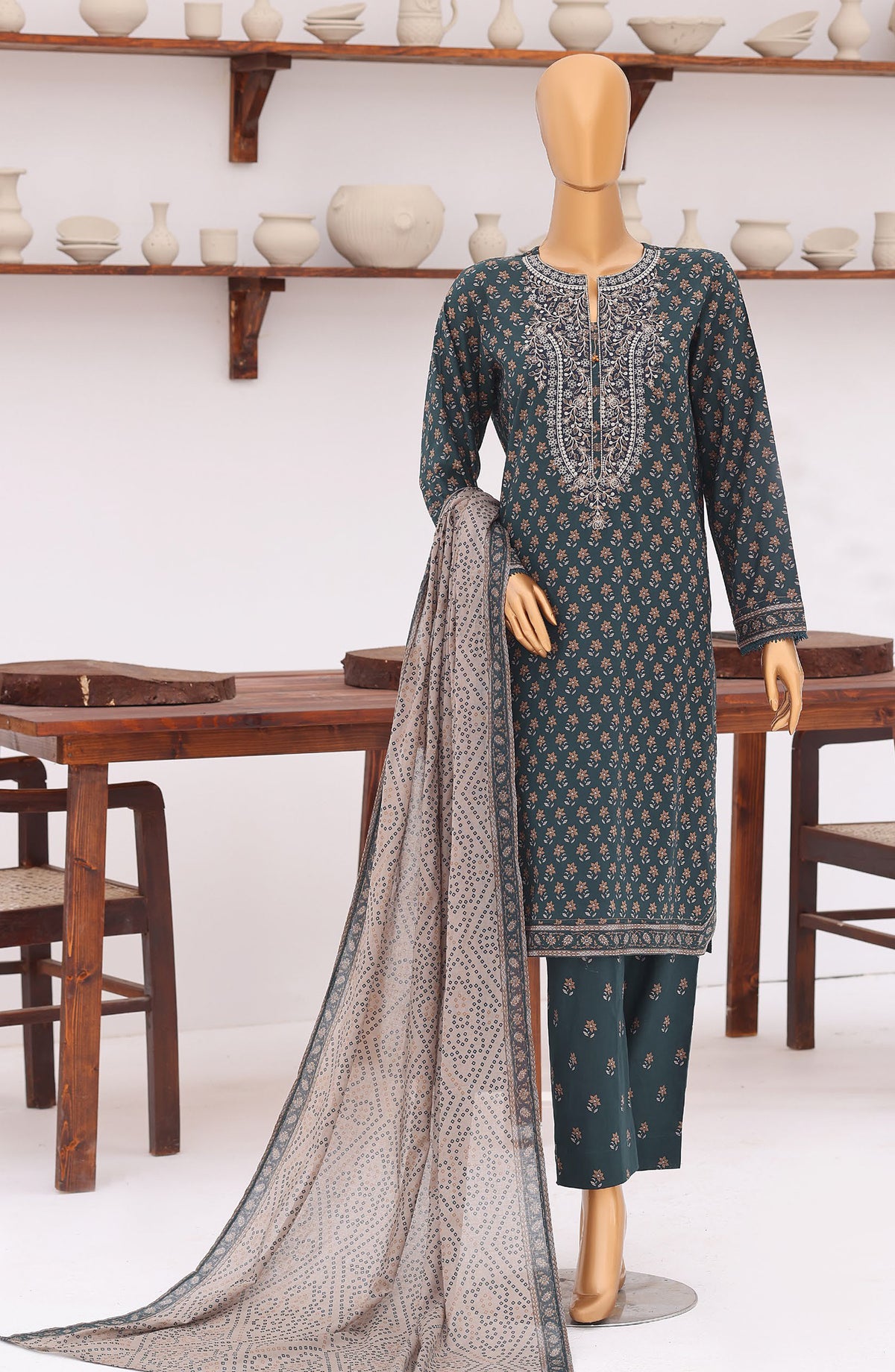 HZ Premium Embroidered Lawn Unstitched 3 Piece Suit - D-12 - HZ26ULE - Green - Summer Collection