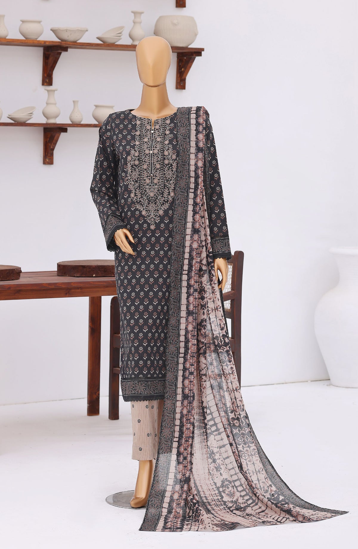HZ Premium Embroidered Lawn Unstitched 3 Piece Suit - D-08 - HZ26ULE - Black - Summer Collection