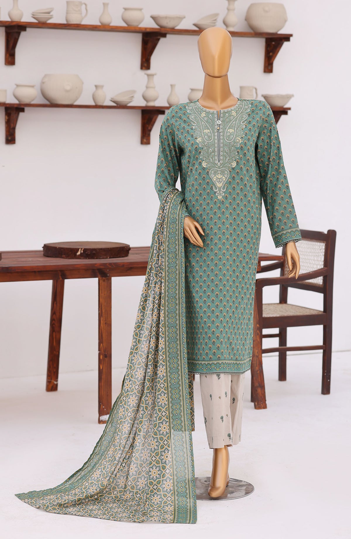 HZ Premium Embroidered Lawn Unstitched 3 Piece Suit - D-06 - HZ26ULE - Green - Summer Collection