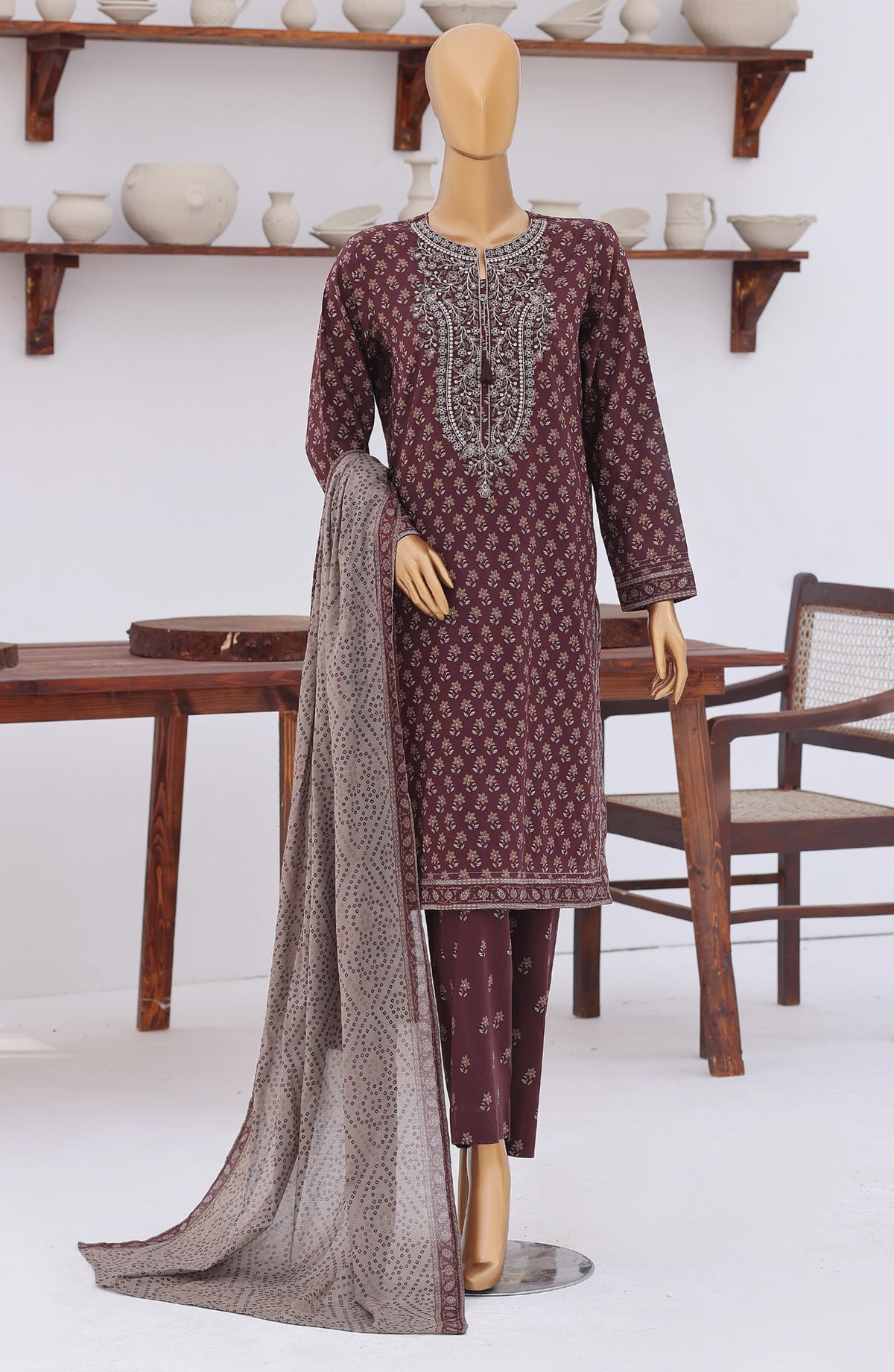 HZ Premium Embroidered Lawn Unstitched 3 Piece Suit - D-05 - HZ26ULE - Maroon - Summer Collection
