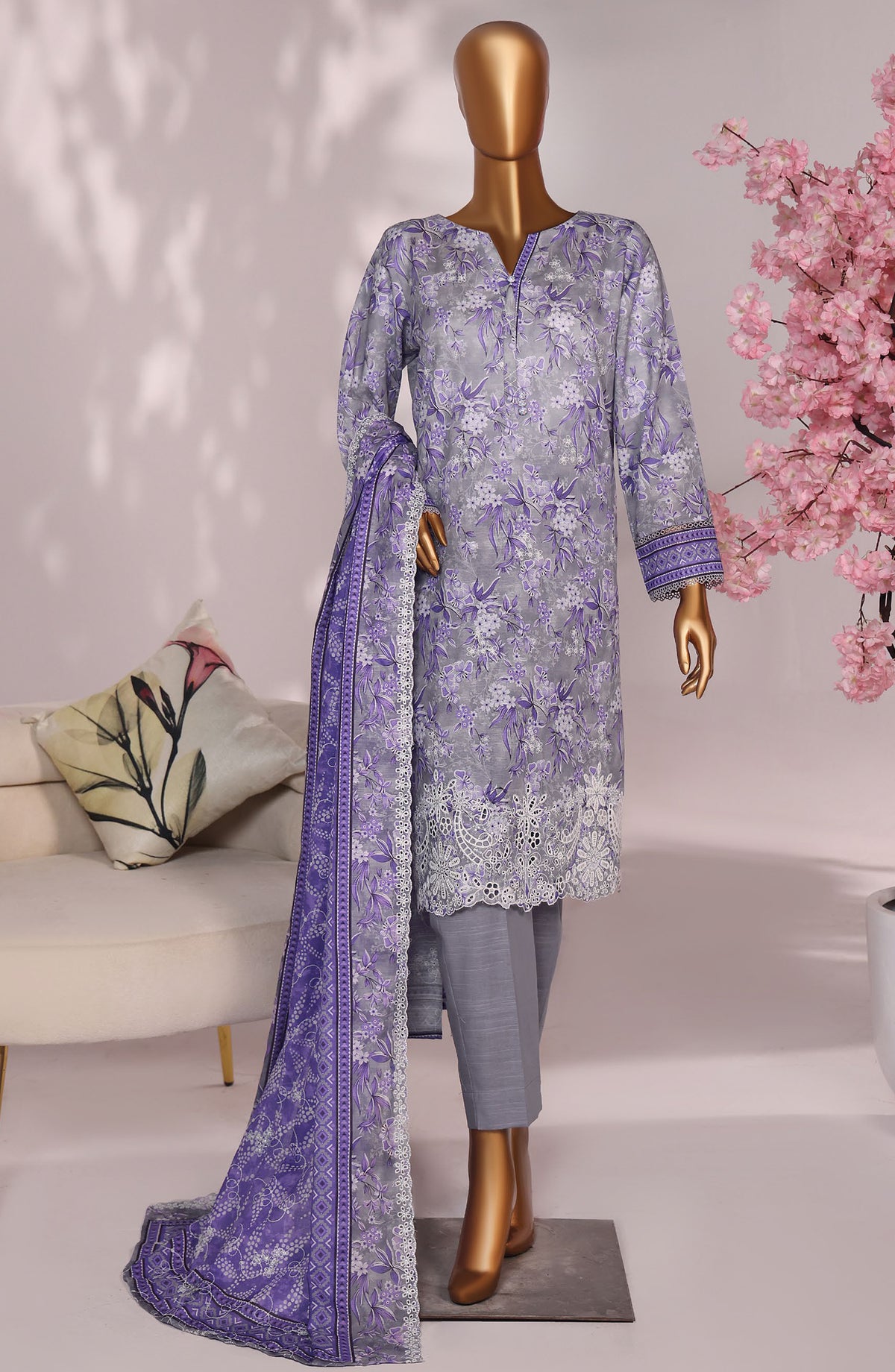 HZ Premium Embroidered Khaddar Unstitched 3 Piece Suit - PKE-3023 - HZ25MIUM - Lavender Dust - Winter Collection