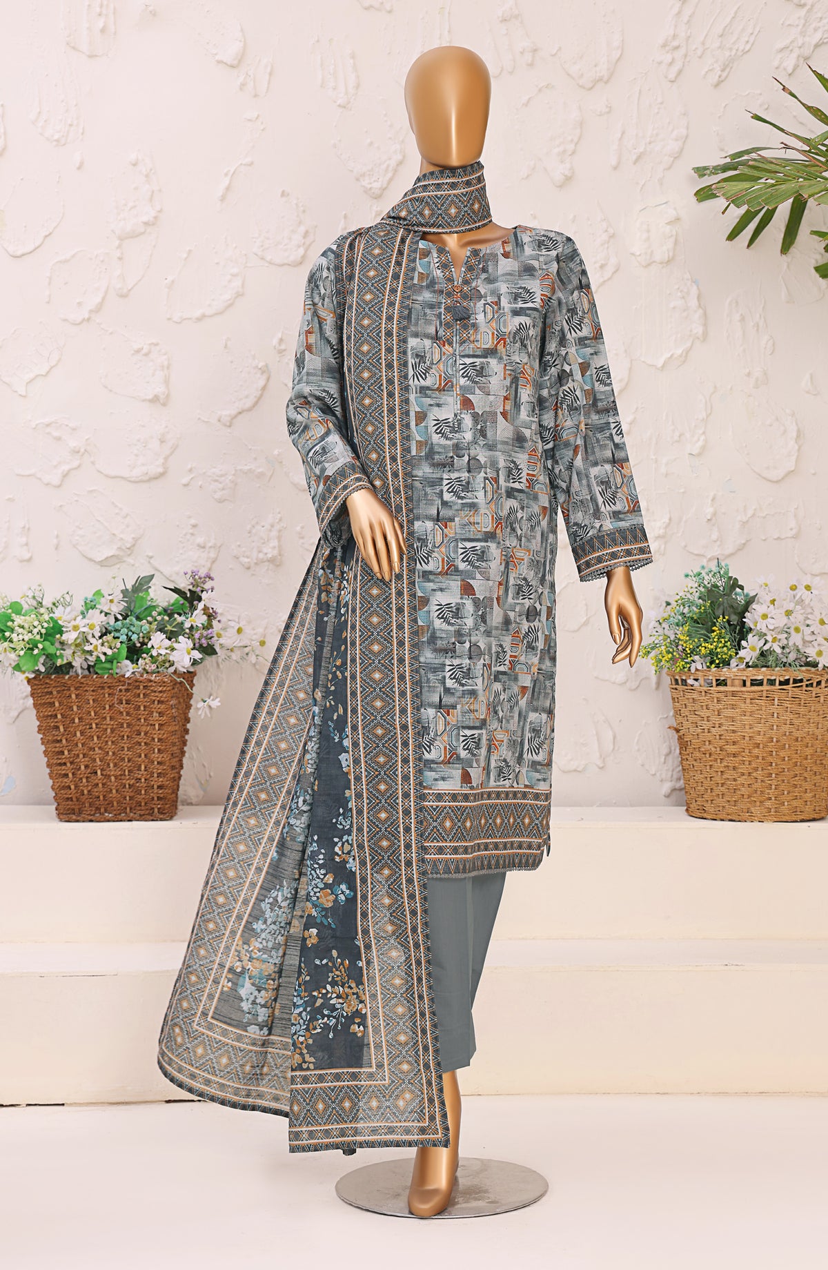 HZ Premium Printed Khaddar Unstitched 3 Piece Suit - PKP-3015 - HZ25UNS - Grey - Winter Collection