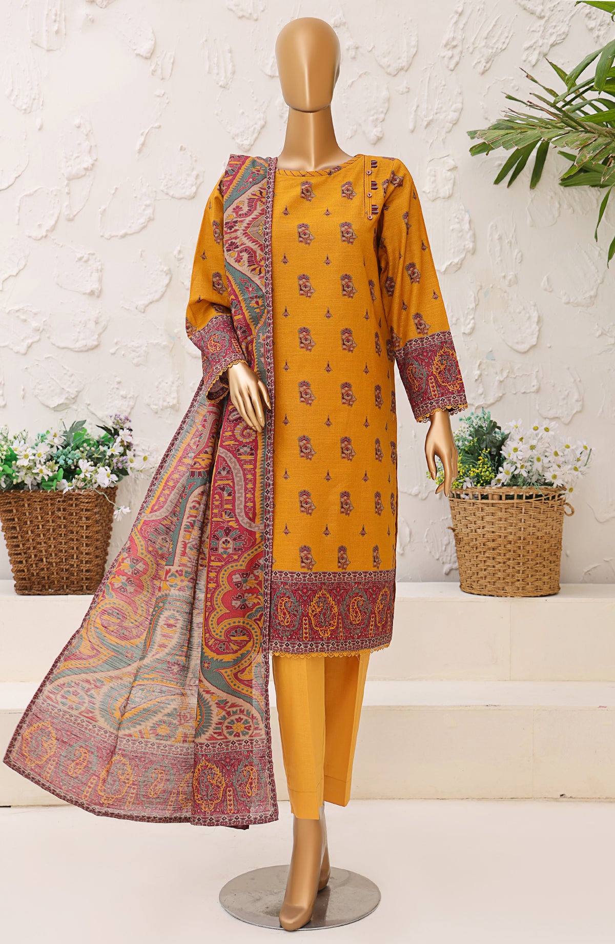 HZ Premium Printed Khaddar Unstitched 3 Piece Suit - PKP-3012 - HZ25UNS - Mustard - Winter Collection