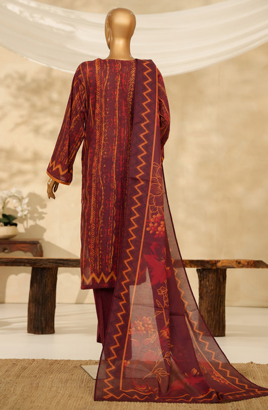 HZ Printkari Embroidered Chikankari Cambric Stitched 3 Piece Suit - LPK-3P-529 - HZ25KRI - Rust Maroon - Casual Collection